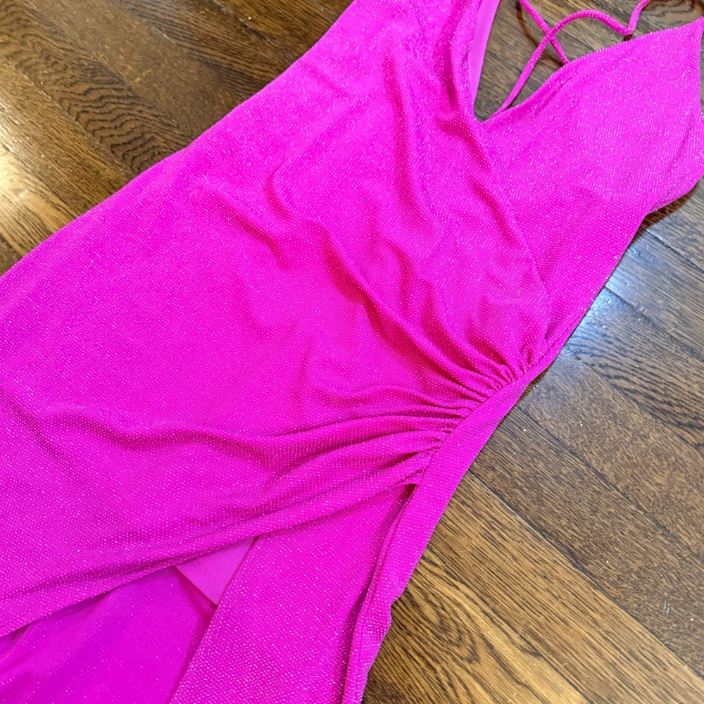 NBD Hot Pink Glitter Maxi Dress with High Leg Slit - Picture 9 of 12